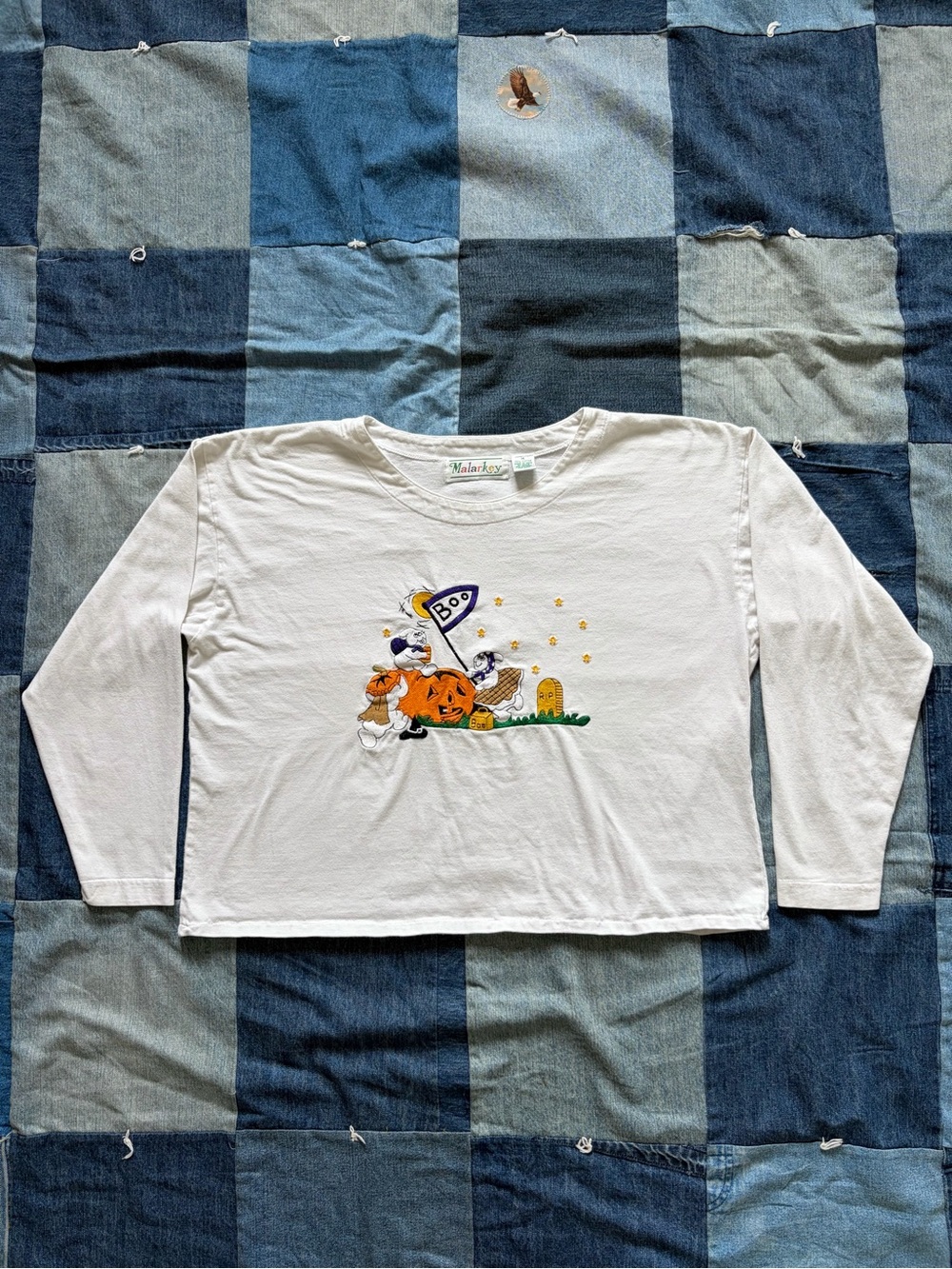 90s Halloween vintage embroidered long sleeve white shirt crop pumpkin ghosts M